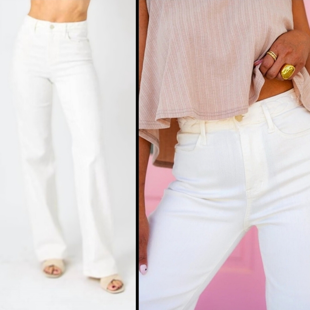 NEW JUDY BLUE Women's High Waist Braided Waistband Wide Leg White Jeans Size 24W